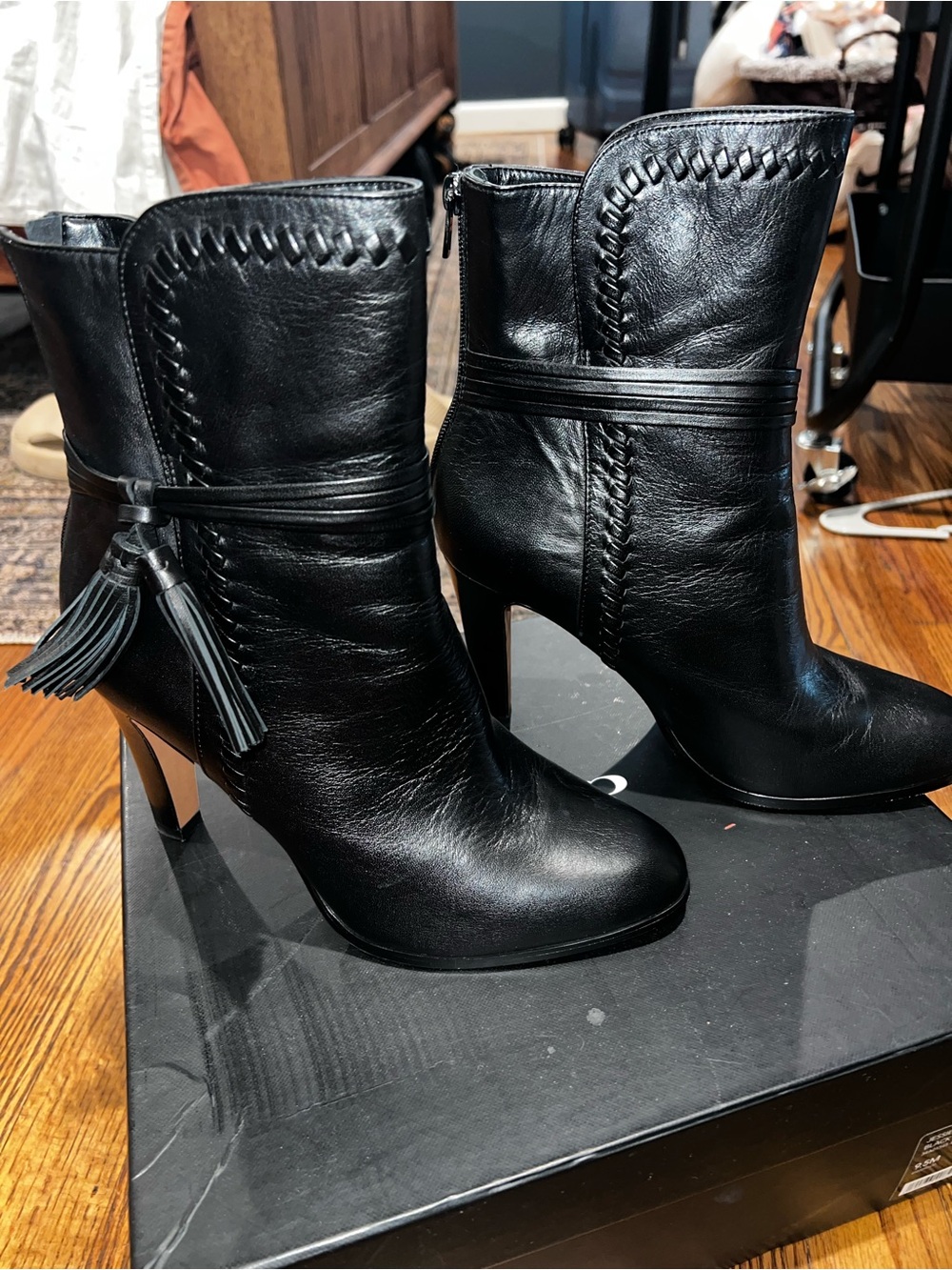 Coach Black Leather Tassel Heeled Ankle Boots